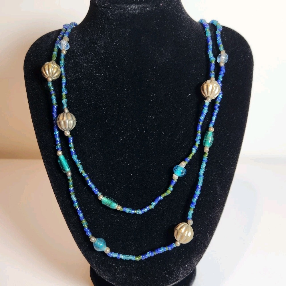 vintage blue green red glass beaded‎ metal bead string threaded ethnic necklace